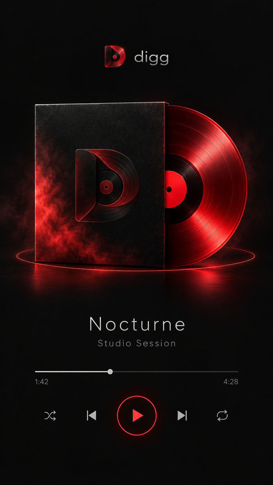 Illustration signature de Digg : une pochette noire et un vinyle rouge lumineux.