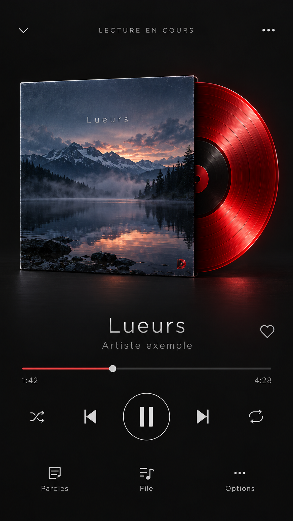 Visuel de présentation du lecteur Digg : pochette de montagne, vinyle rouge et commandes musicales.